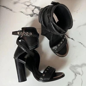Barbara Bui Black Leather Grommet Buckle Gladiator Heels Size 37.5 - Picture 1 of 12