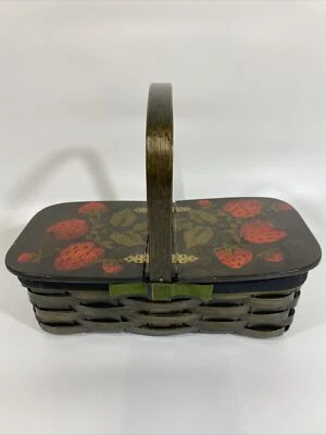 Cartera de madera tejida vintage cesta de picnic de costura tapa de madera decoupaged fresa Foto 1 de 4