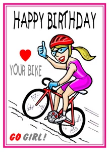 TARJETA DE CUMPLEAÑOS CICLISTA DE DIBUJOS ANIMADOS NIÑA/DAMAS CORREO GRATIS 1A CLASE - Imagen 1 de 2