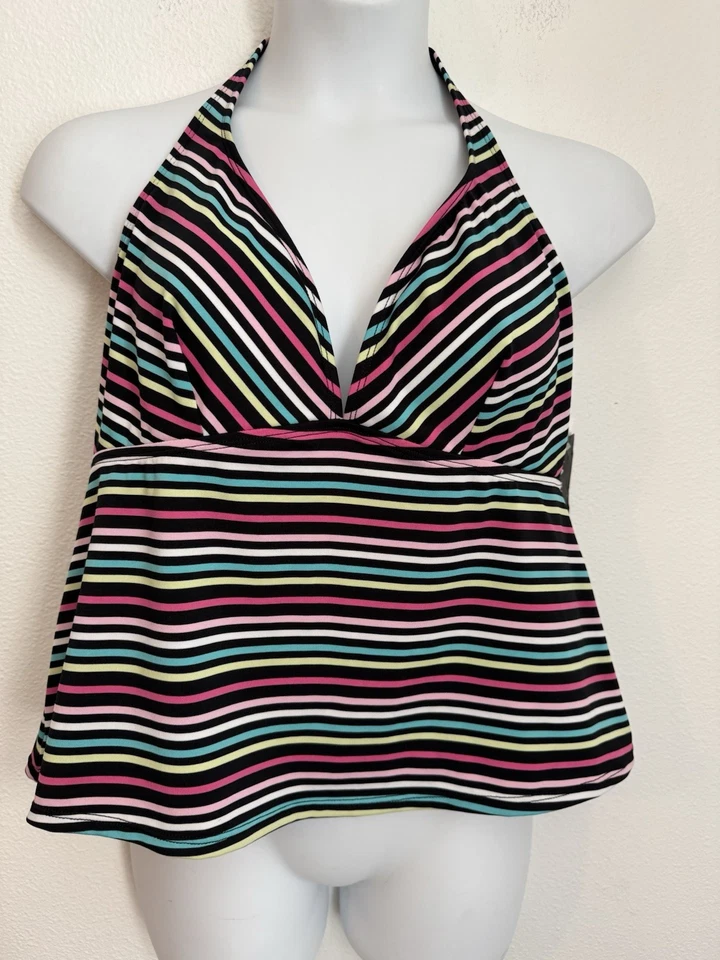Top Tankini La Blanca by Rod Beattie, Talla 20W Negro Arco Iris Rayas Halter Nuevo Foto 1 de 4