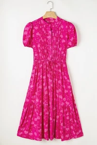Drawstring Printed Short Sleeve Midi Dress - Picture 1 of 7