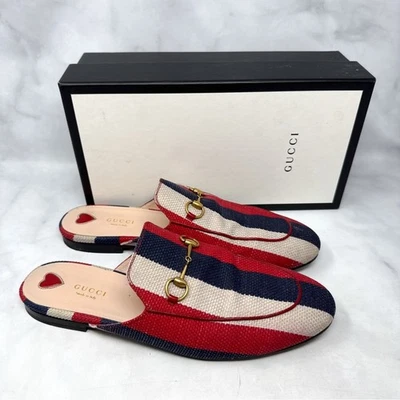 GUCCI Princetown Horsebit Lona a Rayas Mocasín Mula Zapatos Planos 42 Foto 1 de 4