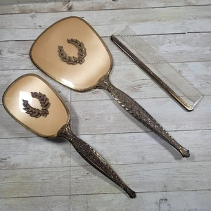Vtg Art Deco Hand Mirror Boudoir Dresser Lauren Leaf Mirror Brush & Comb Metal - Picture 1 of 11