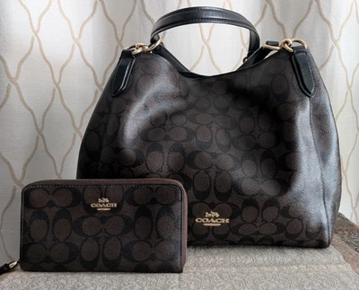 Juego de bolso de hombro y billetera Coach Hallie marrón firma de lona de 3 compartimentos Foto 1 de 4