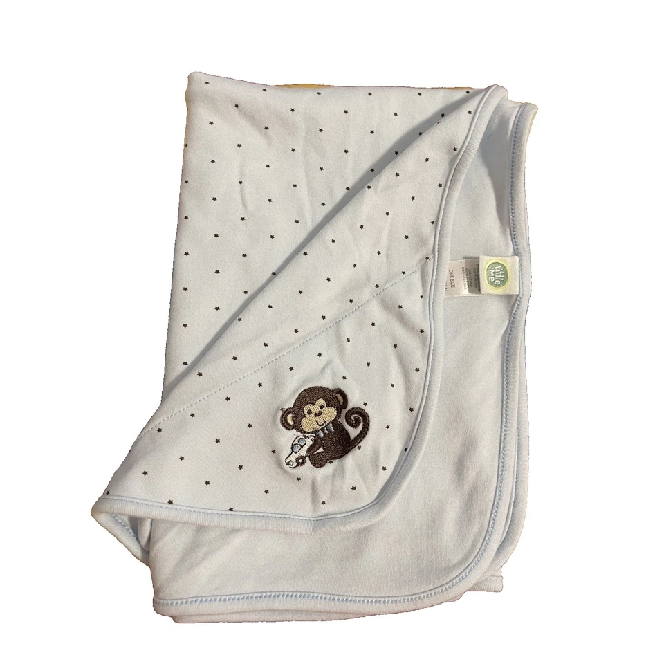 Little Me Blue Monkey Blanket Cotton Brown Embroidery Stars Car 21x30 - Image 1 of 4