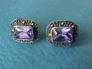 Pendientes vintage de amatista y marcasita de plata de ley 925 - Imagen 1 de 9