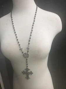 Wiccan Crucifix Necklace Goth New Extra Long Stainless Steel Jet Beads - Picture 1 of 3