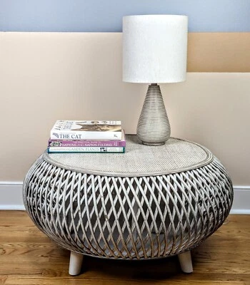 Gallerie Decor Bora Bora Round Transitional Rattan Coffee Table in White 33"W - Image 1 of 4