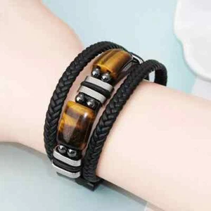 Natural Tiger Eye Stone Charm Leather Braided Protection Man Wrap Bracelet Gift - Picture 1 of 3
