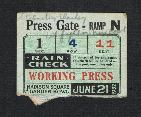 RARE 1932 Max Schmeling vs Jack Sharkey boxing ticket boxer Jim Braddock Cover
