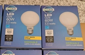 Dimmable 60w Equiv. G25 Globe Warm White LED Bulb 5.5w Use 500 Lumens Pack of 2 - Picture 1 of 7