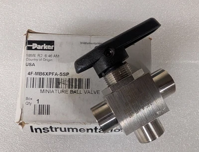 PARKER 4F-MB6XPFA-SSP MANUAL 3 WAY BALL VALVE 316SS 1/4"NPT MAX PRESSURE 3000PSI - Image 1 of 4