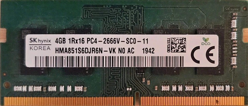 SK hynix 4GB 1Rx16 PC4-2666V-SCO-11 HMA851S6CJR6N -VK Laptop  RAM Made in Korea  - Image 1 of 1