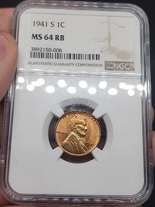 1941 S Lincoln cent graded by NGC MS 64 RB - Picture 1 of 5