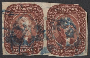 US Sc# 12 USED { "SCARCE IMPERF 5c JEFFERSON "PAIR } TYPE I' OF 1856 CV$ 1550.00 - Picture 1 of 7