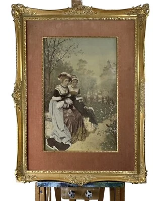 Antigua litografía coloreada a mano en marco de madera tallada en hoja de oro genuina Luis XIV Foto 1 de 4