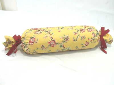 Neck Roll Pillow Bolster Round Cherry Blossoms Floral Fabric Red Ribbon Ends 28" - Image 1 of 4