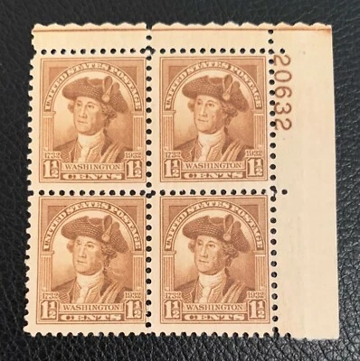 1932 UNITED STATES SCOTT #706 YOUNG WASHINGTON 1 1/2C PLATE BLOCK OF 4 OG MNH VF - Image 1 of 3