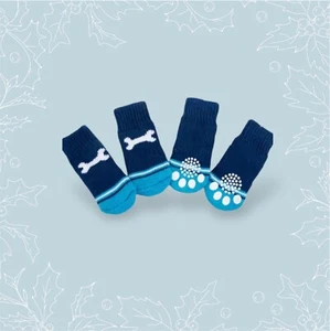 Pack of 4 Warm Breathable Knit Anti-Slip Blue Bone Dog Cat Socks 3 Sizes - Picture 1 of 4