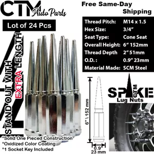 24Pc 6" TALL CHROME M14x1.5 SOLID STEEL XL SPIKE LUG NUT+KEY FIT FOR CHEVY MODEL - Picture 1 of 2