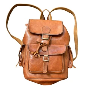 Vintage Tan Leather Drawstring Backpack Rucksack Rugged Bag Brown - Picture 1 of 16