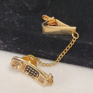 Vintage Gold Tone Telephone Tie Pin with Clip Black Enamel Retro Novelty - Picture 1 of 5