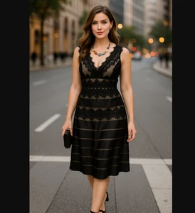 JS Collections Lace Sleeveless Dress 6P PETITE V-Neck Mesh Black Nude Cocktail - Picture 1 of 10