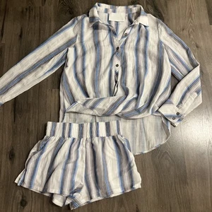 Vacate The Label XS Blue White Striped Button Front Top  Shorts Set Outfit - Picture 1 of 8