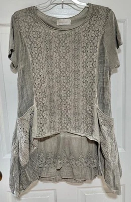 Túnica Simply Couture feminina XL cinza renda boho bordada bolsos em camadas - Imagem 1 de 4