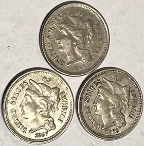 U. S. Three 3-cent Piece LOT 1865, 1867, 1869 Nice Details On All - Picture 1 of 8