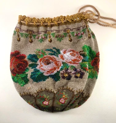 Antique Beaded Mesh Floral DRAWSTRING PURSE Victorian Handbag RETICULE  #588 - Image 1 of 4
