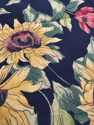 Vtg Cotton Fabric Big Print Florals Sunflowers Pink Yellow on BLUE 6 YARDS - Image 1 of 4