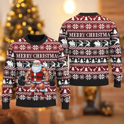 Ugly Christmas Sweater Bodybuilder Santa Weightlifting Gym Funny Holiday Jumper - Image 1 of 3