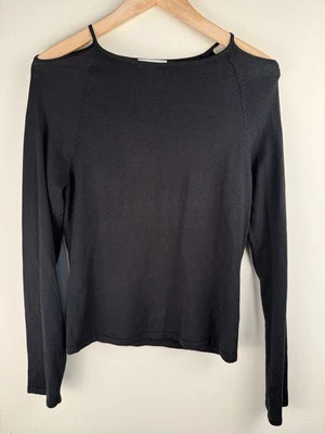 Neiman Marcus Black Long Sleeve Silk Blend Cold Shoulder Shirt Size Large Chic - Image 1 of 4