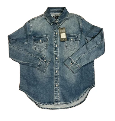 $89 Nueva Camisa Denim True Religion Elastizada GEORGIA BOLSILLOS Brillo Logo Espalda Grande Foto 1 de 4