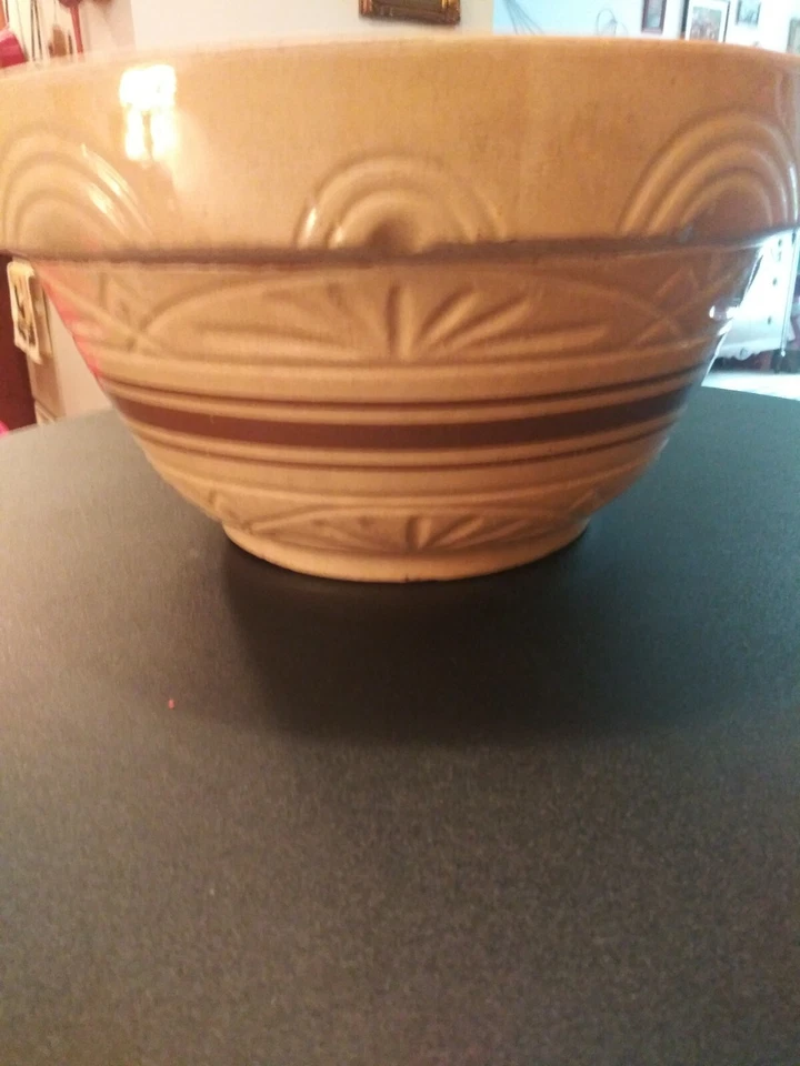 "Antique PRP, CO., Toledo, Ohio #365 12" Yellowware W/Brown Bands Mixing Bowl" - Image 1 of 4
