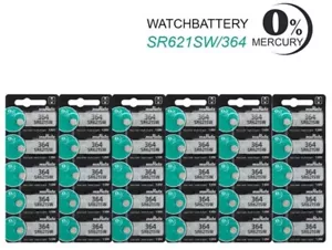 Genuine Murata 364 SR621SW AG1 Watch Battery Silver Oxide 0% Mercury 30 Pack - Picture 1 of 1