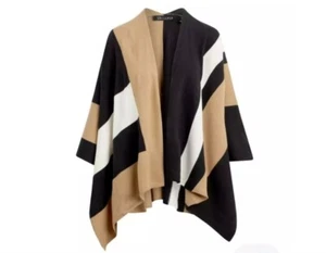 Parrish LA Stevie Poncho Wrap Black Tan White Stripe 1 Size Knitwear NEW Kimono - Picture 1 of 9