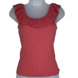 Madewell Ribbed Pointelle Ruffled Scoop Tank Size XS/S Coral Red Summer boho - Picture 1 of 7