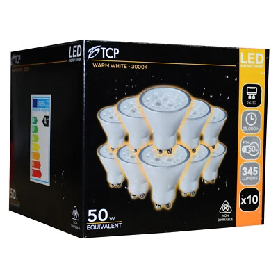 10x TCP 345lm 4.1w 50w Warm White 3000K GU10 LED Spotlight Bulbs - Silver Finish - Image 1 of 3