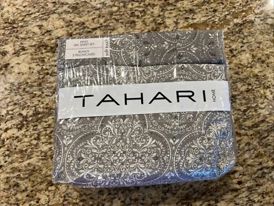 NUEVO CON ETIQUETAS JUEGO DE SÁBANAS Y ALMOHADAS TAHARI KING 6 PIEZAS GRIS CLARO PAISLEY Foto 1 de 4