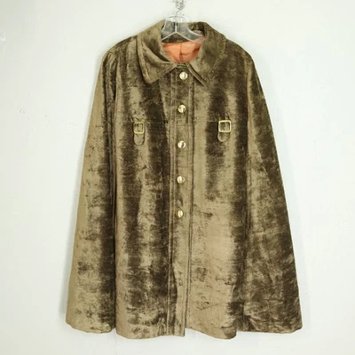 De Colección Años 60 Terciopelo Aplastado Capa Taupe Verde Cuello Forrado Botón Tono Dorado Hebillas Foto 1 de 4