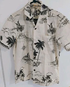 Royal Creations Hawaiian Shirt Men's Small Map Scenes of the Islands Black/Beige - Picture 1 of 6