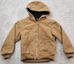 Carhartt Hooded Jacket Boys Small 6/7 Brown Canvas Lined Work Active YYJ130 - Picture 1 of 10