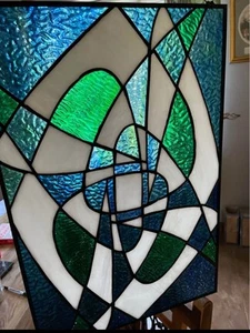 Tiffany Style Stained Glass Window Panel Geometric Panel On Chain 18” X 12” - Picture 1 of 4