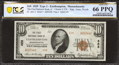 1929 $10 FIRST NATIONAL BANKNOTE CURRENCY EASTHAMPTON MA PCGS UNC 66 PPQ (440) - Image 1 of 2