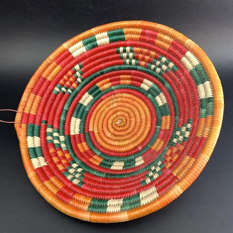 10" Native American Vintage Round Woven Basket Orange Red Pattern Natural Grass Cover