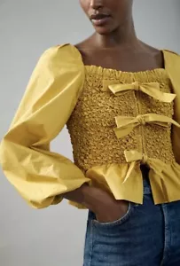 Blusa top mare mare antropologie smocked fiocco cravatta manica lunga peplo nuova XS - Foto 1 di 22