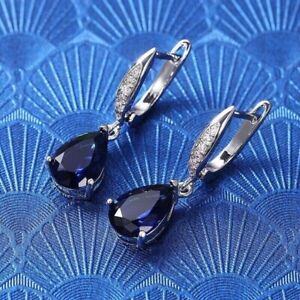 4Ct Pear Cut Lab Created Blue Sapphire Drop/Dangle Earrings White Gold Plated