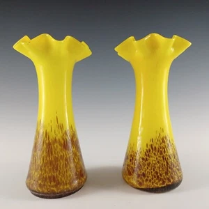 Pair of Czech Yellow & Brown Spatter Glass Vases / Vase - Picture 1 of 8